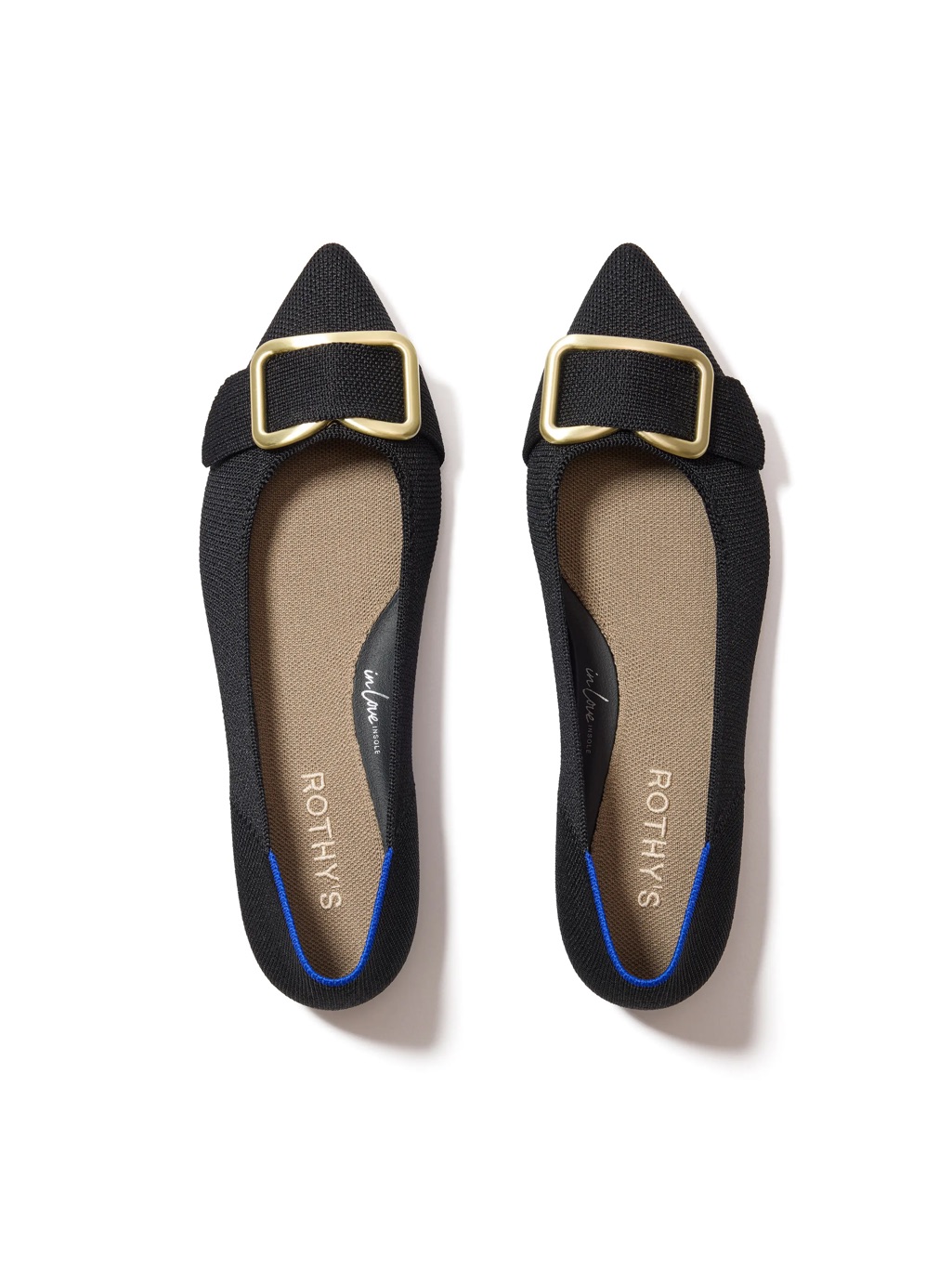 Rothy's Black Pointed-Toe Flats With Gold Buckle 8.5
